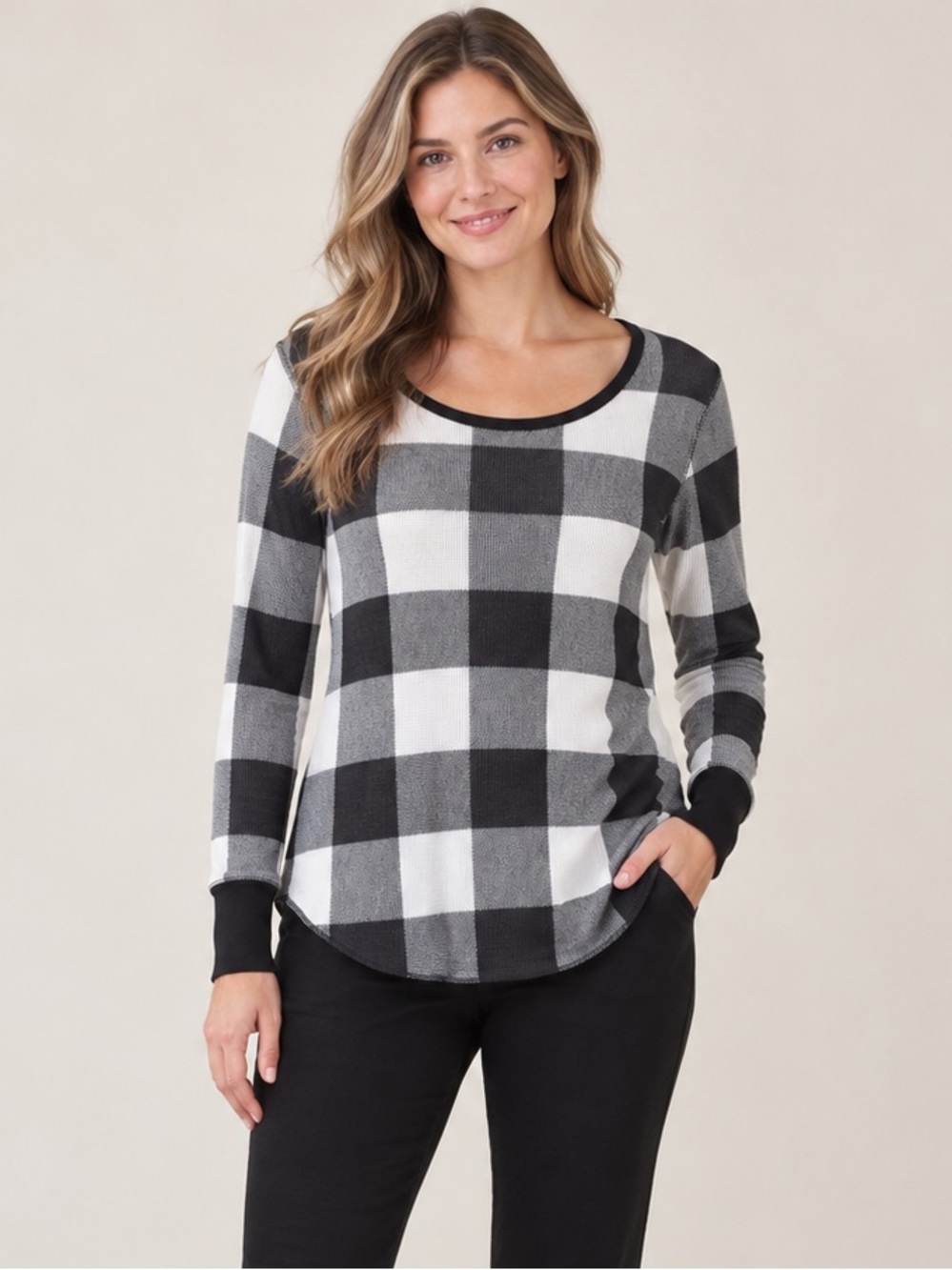 Old Navy Black and White Buffalo Plaid Long-Sleeve Thermal Top